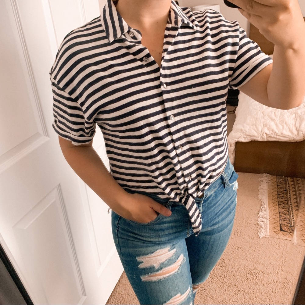 SPLENDID navy & white striped tie front top